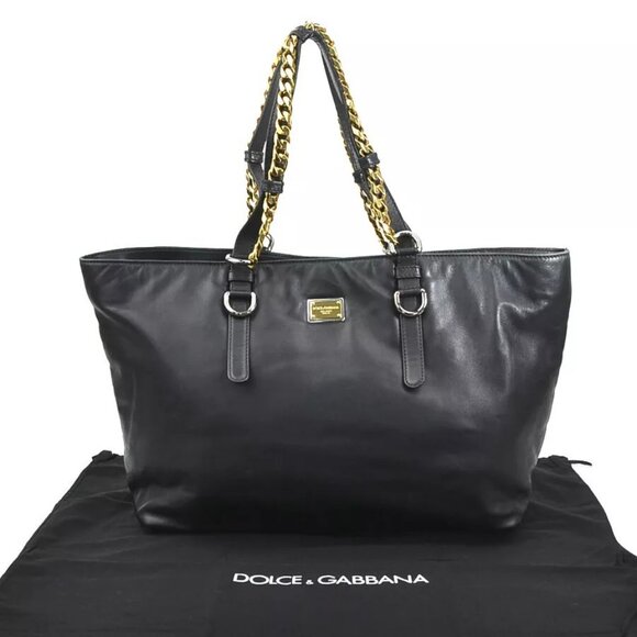 Auth DOLCE&GABBANA Chain Handbag Black/Gold Leather/Metal - Picture 1 of 14